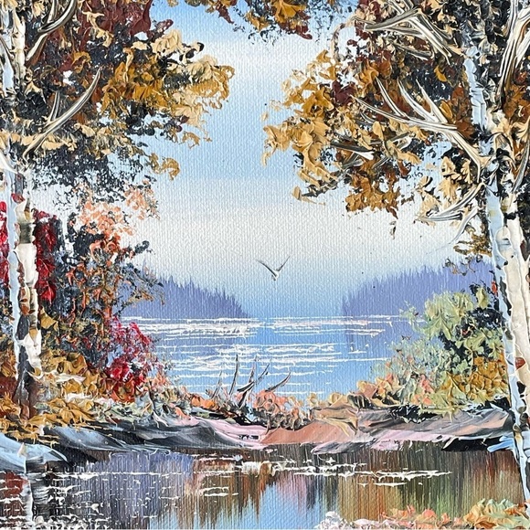 VINTAGE Oil on Canvas Painting Autumn Lake Scene Signed by Artist - Picture 5 of 12